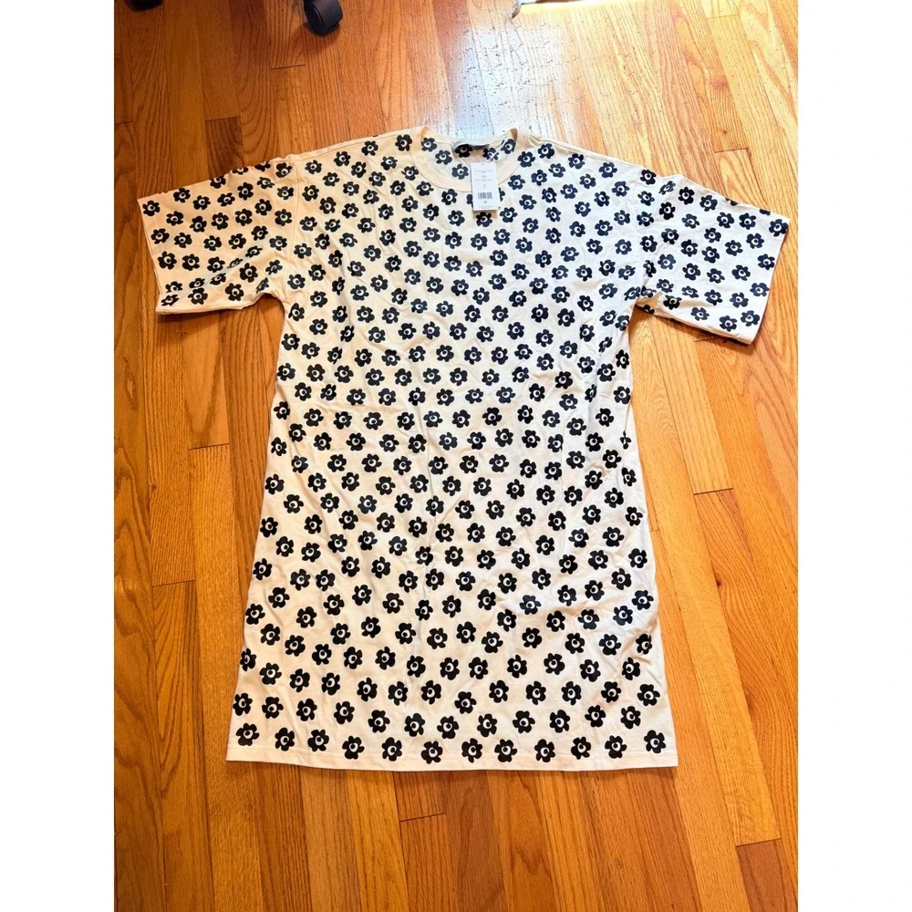 Tory‎ Burch Flower Stencil T-Shirt Dress French Cream Black Floral Size M